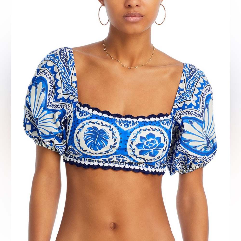 Farm Rio Tile Dream Puff Sleeve Bikini Top - Picture 4 of 12